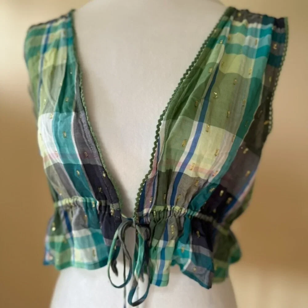 NWOT Aerie Blue Green Plaid Peplum Summer Crop Top Front Tie Plunge Neck Size XS - Picture 4 of 8